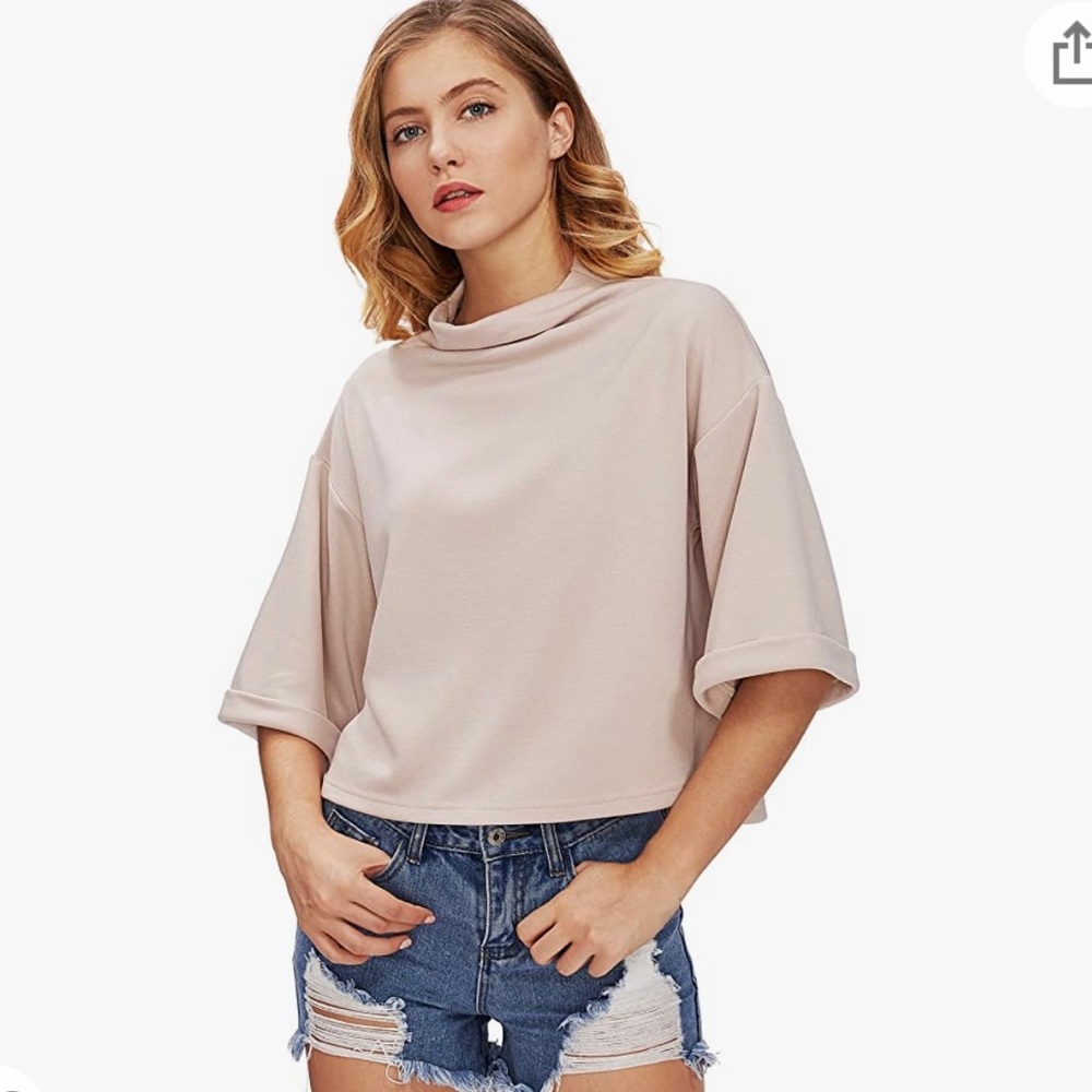 SweatyRocks Women's 3/4 Sleeve Mock Neck Basic Loose T-Shirt Elegant Top